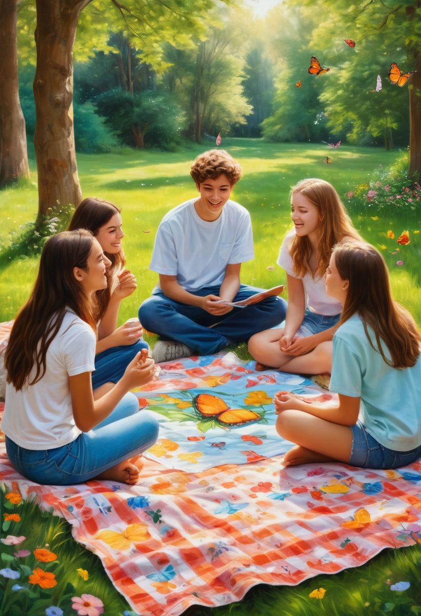 A serene park setting with a diverse group of teenagers discussing relationships on a picnic blanket, surrounded by nature, symbols of growth such as flowers and butterflies, each embodying different emotions and experiences. They are sharing supportive gestures and laughter, representing healthy communication. Soft, warm lighting illuminating the scene. painting. vibrant colors.