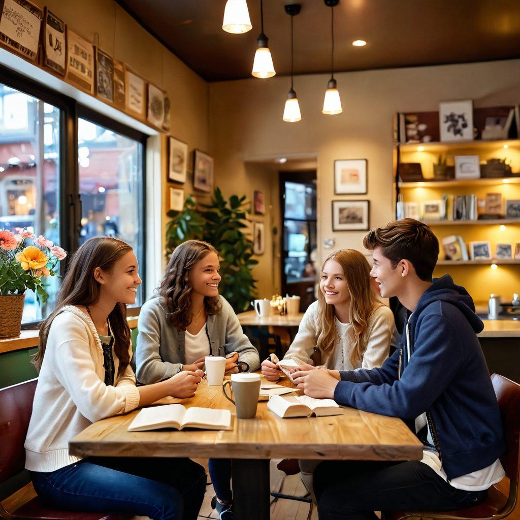 A dynamic scene depicting a diverse group of teenagers engaging in heartfelt conversations in a cozy coffee shop, with visual elements symbolizing personal growth and romantic exploration, such as blossoming flowers and open books scattered around. Include a warm, inviting atmosphere with soft lighting and subtle hints of playful romance. super-realistic. vibrant colors. warm tones.
