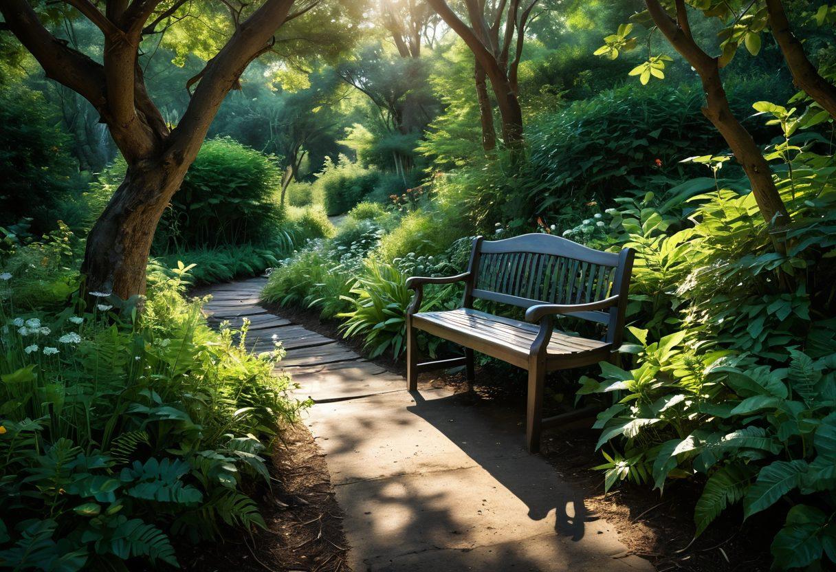 A serene and inviting landscape with a winding path leading through lush greenery, symbolizing a journey of self-discovery. Soft light filters through the trees, casting gentle shadows and illuminating small momentary details, like an open book resting on a bench and a pair of shoes left behind. Include elements representing growth, like blooming flowers and butterflies. The overall atmosphere should evoke a sense of peace and curiosity. super-realistic. vibrant colors. peaceful ambiance.